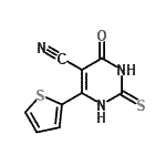 structure of CAS# 109532-65-2, 4-Oxo-6-(2-Thienyl)-2-Thioxo-1,2,3,4-Tetrahydro-5-Pyrimidinecarbonitrile;4-hydroxy-2-mercapto-6-thien-2-ylpyrimidine-5-carbonitrile;4-hydroxy<wbr>-2-sulfan<wbr>yl-6-(thi<wbr>ophen-2-y<wbr>l)pyrimid<wbr>ine-5-car<wbr>bonitrile;4-Oxo-6-(<wbr>2-thienyl<wbr>)-2-thiox<wbr>o-1,2,3,4<wbr>-tetrahyd<wbr>ro-5-pyri<wbr>midinecar<wbr>bonitrile