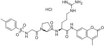structure of CAS# 117961-27-0, N-p-Tosyl-Gly-Pro-Arg 7-Amido-4-Methylcoumarin Hydrochloride;(2S)-N-[(2S)-5-Guanidino-2-[(4-Methyl-2-Oxo-Chromen-7-Yl)Amino]Pentanoyl]-1-[2-[(4-Methylphenyl)Sulfonylamino]Acetyl]Pyrrolidine-2-Carboxamide;(2S)-N-[(2S)-5-Guanidino-2-[(4-Methyl-2-Oxo-7-Chromenyl)Amino]-1-Oxopentyl]-1-[2-[(4-Methylphenyl)Sulfonylamino]-1-Oxoethyl]-2-Pyrrolidinecarboxamide;(2S)-N-[(2S)-5-Guanidino-2-[(2-Keto-4-Methyl-Chromen-7-Yl)Amino]Pentanoyl]-1-[2-[(4-Methylphenyl)Sulfonylamino]Acetyl]Pyrrolidine-2-Carboxamide