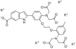 structure of CAS# 132319-56-3, 2-[4-[Bis(Carboxymethyl)Amino]-3-[2-[2-[Bis(Carboxymethyl)Amino]-5-Methylphenoxy]Ethoxy]Phenyl]-1H-Indole-6-carboxylic Acid Potassium Salt (1:5);2-[4-[Bis(Carboxymethyl)Amino]-3-[2-[2-[Bis(Carboxymethyl)Amino]-5-Methylphenoxy]Ethoxy]Phenyl]-1H-Indole-6-Carboxylic Acid Potassium Salt;4-(6-CARBOXY-2-INDOLYL)-4'-METHYL-2,2-(ETHYLENEDIOXY)DIANILINE-N,N,N',N'-TETRAACETIC ACID PENTAPOTASSIUM SALT;1-[2-Amino-5-(6-Carboxyindol-2-Yl)Phenoxy]-2-(2 -Amino-5 -Methylphenoxy)Ethane- N,N,N ,N -Tetraacetic Acid