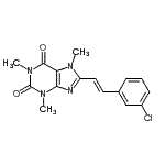 structure of CAS# 147700-11-6, 8-[(E)-2-(3-Chlorophenyl)Vinyl]-1,3,7-Trimethyl-3,7-Dihydro-1H-Purine-2,6-Dione;(E)-8-[2-<wbr>(3-Chloro<wbr>phenyl)et<wbr>henyl]-3,<wbr>7-dihydro<wbr>-1,3,7-tr<wbr>imethyl-1<wbr>H-purine-<wbr>2,6-dione;[147700-11-6];1,2,3,6-T<wbr>etrahydro<wbr>purin-2,6<wbr>-dione, 1<wbr>,3,7-trim<wbr>ethyl-8-[<wbr>2-(3-chlo<wbr>rophenyl)<wbr>ethenyl]-