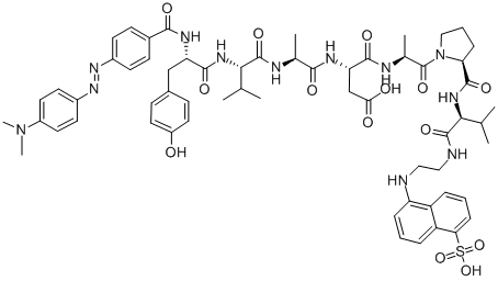 structure of CAS# 161877-70-9, 4-(4'-Dimethylaminophenylazo)benzoyl-tyrosyl-valyl-alanyl-aspartyl-alanyl-prolyl-valyl-5((2-aminoethyl)amino)naphthalene-1-sulfonic acid;(3S)-3-[[(2S)-2-[[(2S)-2-[[(2S)-2-[[4-(4-Dimethylaminophenyl)Azobenzoyl]Amino]-3-(4-Hydroxyphenyl)Propanoyl]Amino]-3-Methyl-Butanoyl]Amino]Propanoyl]Amino]-4-[[(1S)-1-Methyl-2-[(2S)-2-[[(2S)-3-Methyl-2-[2-[(5-Sulfo-1-Naphthyl)Amino]Ethylamino]Butanoyl]Carbamoyl]Pyrrolidin-1-Yl]-2-Oxo-Ethyl]Amino]-4-Oxo-Butanoic Acid;(3S)-3-[[(2S)-2-[[(2S)-2-[[(2S)-2-[[[4-(4-Dimethylaminophenyl)Azophenyl]-Oxomethyl]Amino]-3-(4-Hydroxyphenyl)-1-Oxopropyl]Amino]-3-Methyl-1-Oxobutyl]Amino]-1-Oxopropyl]Amino]-4-[[(1S)-1-Methyl-2-[(2S)-2-[[[(2S)-3-Methyl-1-Oxo-2-[2-[(5-Sulfo-1-Naphthyl)Amino]Ethylamino]Butyl]Amino]-Oxomethyl]-1-Pyrrolidinyl]-2-Oxoethyl]Amino]-4-Oxobutanoic Acid;(3S)-3-[[(2S)-2-[[(2S)-2-[[(2S)-2-[[4-(4-Dimethylaminophenyl)Azobenzoyl]Amino]-3-(4-Hydroxyphenyl)Propanoyl]Amino]-3-Methyl-Butanoyl]Amino]Propanoyl]Amino]-4-Keto-4-[[(1S)-2-Keto-1-Methyl-2-[(2S)-2-[[(2S)-3-Methyl-2-[2-[(5-Sulfo-1-Naphthyl)Amino]Ethylamino]Butanoyl]Carbamoyl]Pyrrolidin-1-Yl]Ethyl]Amino]Butyric Acid