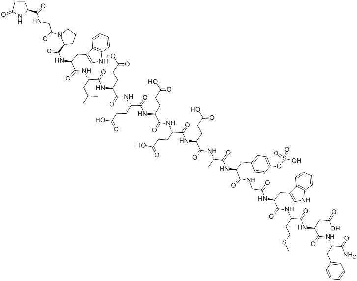 structure of CAS# 19361-51-4, Gastrin-17 II (Human);PYR-GLY-PRO-TRP-LEU-GLU-GLU-GLU-GLU-GLU-ALA-TYR(SO3H)-GLY-TRP-MET-ASP-PHE-NH2;GASTRIN-1, HUMAN, SULFATED (GASTRIN II);PYR-GPWLEEEEEA-Y(SO3H)-GWMDF-NH2