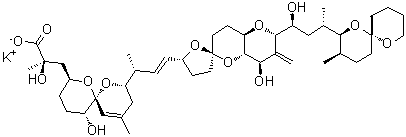 structure of CAS# 209266-79-5, Potassium (2R)-3-[(4S,6R,7R,10S)-4-[(E,1R)-3-[(2S,2'R,4R,4aS,6R,8aR)-4-Hydroxy-2-[(1S,3S)-1-Hydroxy-3-[(6S,9R,10S)-9-Methyl-5,11-Dioxaspiro[5.5]Undecan-10-Yl]Butyl]-3-Methylene-Spiro[4A,7,8,8A-Tetrahydro-4H-Pyrano[3,2-b]Pyran-6,5'-Tetrahydrofuran]-2'-Yl]-1-Methyl-Allyl]-7-Hydroxy-2-Methyl-5,11-Dioxaspiro[5.5]Undec-1-En-10-Yl]-2-Hydroxy-2-Methyl-Propanoate;Okadaic acid.Potassium Salt, Prorocentrum concavum