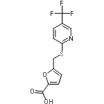 structure of CAS# 238742-86-4, 5-({[5-(Trifluoromethyl)-2-Pyridinyl]Sulfanyl}Methyl)-2-Furoic Acid;2-(5-CARBOXYFURFURYLTHIO)-5-(TRIFLUOROMETHYL)PYRIDINE;2-{[(5-Ca<wbr>rboxyfur-<wbr>2-yl)meth<wbr>yl]sulpha<wbr>nyl}-5-(t<wbr>rifluorom<wbr>ethyl)pyr<wbr>idine, 5-<wbr>({[5-(Tri<wbr>fluoromet<wbr>hyl)pyrid<wbr>in-2-yl]s<wbr>ulphanyl}<wbr>methyl)fu<wbr>ran-2-car<wbr>boxylic a<wbr>cid;2-FURANCA<wbr>RBOXYLICA<wbr>CID, 5-[[<wbr>[5-(TRIFL<wbr>UOROMETHY<wbr>L)-2-PYRI<wbr>DINYL]THI<wbr>O]METHYL]-