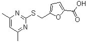 structure of CAS# 438622-94-7, 5-{[(4,6-Dimethyl-2-Pyrimidinyl)Sulfanyl]Methyl}-2-Furoic Acid;5-(((4,6-<wbr>dimethylp<wbr>yrimidin-<wbr>2-yl)thio<wbr>)methyl)f<wbr>uran-2-ca<wbr>rboxylic <wbr>acid;5-(4,6-Dimethyl-pyrimidin-2-ylsulfanylmethyl)-fura;5-(4,6-Di<wbr>methyl-py<wbr>rimidin-2<wbr>-ylsulfan<wbr>ylmethyl)<wbr>-furan-2-<wbr>carboxyli<wbr>c acid