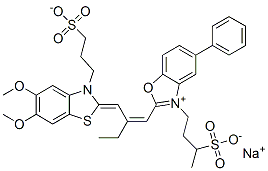 CAS#: 61890-96-8， Hydrogen 2-[2-[[5,6-Dimethoxy-3-(3-Sulphonatopropyl)-3H-Benzothiazol-2-Ylidene]Methyl]But-1-Enyl]-5-Phenyl-3-(3-Sulphonatobutyl)Benzoxazolium, Sodium Salt