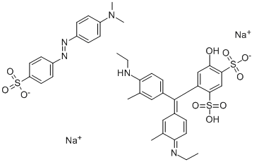 结构式 CAS# 62758-15-0, 4-((4-(乙基氨基)-3-甲基苯基)(4-(乙基亚胺)-3-甲基-2,5-环己二烯-1-亚基)甲基)-1,3-苯二磺酸单钠盐与4-((4-(二甲基氨基)苯基)偶氮)苯磺酸钠(1:1)化合物