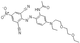 structure of CAS# 65916-12-3, N-[2-[(2,6-Dicyano-4-Nitrophenyl)Azo]-5-[[2-(2-Ethoxyethoxy)Ethyl]Ethylamino]Phenyl]-Acetamide;N-[2-(2,6-Dicyano-4-Nitro-Phenyl)Azo-5-[2-(2-Ethoxyethoxy)Ethyl-Ethyl-Amino]Phenyl]Acetamide;N-[2-(2,6-Dicyano-4-Nitrophenyl)Azo-5-[2-(2-Ethoxyethoxy)Ethyl-Ethylamino]Phenyl]Acetamide;N-[2-(2,6-Dicyano-4-Nitro-Phenyl)Diazenyl-5-[2-(2-Ethoxyethoxy)Ethyl-Ethyl-Amino]Phenyl]Ethanamide