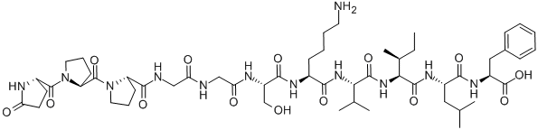 structure of CAS# 79943-68-3, Pyroglutamyl-prolyl-prolyl-glycyl-glycyl-seryl-lysyl-valyl-isoleucyl-leucyl-phenylalanine;(2S)-2-[[(2S)-2-[[(2S,3S)-2-[[(2S)-2-[[(2S)-6-Amino-2-[[(2S)-3-Hydroxy-2-[[2-[[2-[[(2S)-1-[(2S)-1-[(2S)-5-Oxopyrrolidine-2-Carbonyl]Pyrrolidine-2-Carbonyl]Pyrrolidine-2-Carbonyl]Amino]Acetyl]Amino]Acetyl]Amino]Propanoyl]Amino]Hexanoyl]Amino]-3-Methyl-Butanoyl]Amino]-3-Methyl-Pentanoyl]Amino]-4-Methyl-Pentanoyl]Amino]-3-Phenyl-Propanoic Acid;(2S)-2-[[(2S)-2-[[(2S,3S)-2-[[(2S)-2-[[(2S)-6-Amino-2-[[(2S)-3-Hydroxy-1-Oxo-2-[[1-Oxo-2-[[1-Oxo-2-[[Oxo-[(2S)-1-[Oxo-[(2S)-1-[Oxo-[(2S)-5-Oxo-2-Pyrrolidinyl]Methyl]-2-Pyrrolidinyl]Methyl]-2-Pyrrolidinyl]Methyl]Amino]Ethyl]Amino]Ethyl]Amino]Propyl]Amino]-1-Oxohexyl]Amino]-3-Methyl-1-Oxobutyl]Amino]-3-Methyl-1-Oxopentyl]Amino]-4-Methyl-1-Oxopentyl]Amino]-3-Phenylpropanoic Acid;(2S)-2-[[(2S)-2-[[(2S,3S)-2-[[(2S)-2-[[(2S)-6-Amino-2-[[(2S)-3-Hydroxy-2-[[2-[[2-[[(2S)-1-[(2S)-1-Pyroglutamoylpyrrolidine-2-Carbonyl]Pyrrolidine-2-Carbonyl]Amino]Acetyl]Amino]Acetyl]Amino]Propanoyl]Amino]Hexanoyl]Amino]-3-Methyl-Butanoyl]Amino]-3-Methyl-Pentanoyl]Amino]-4-Methyl-Pentanoyl]Amino]-3-Phenyl-Propionic Acid