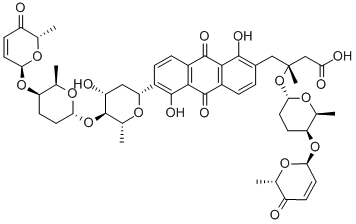 structure of CAS# 80928-52-5, Vineomycin B2;(3R)-4-[1,5-Dihydroxy-6-[(2R,4R,5S,6R)-4-Hydroxy-6-Methyl-5-[(2S,5S,6S)-6-Methyl-5-[[(2R,6S)-6-Methyl-5-Oxo-2H-Pyran-2-Yl]Oxy]Tetrahydropyran-2-Yl]Oxy-Tetrahydropyran-2-Yl]-9,10-Dioxo-2-Anthryl]-3-Methyl-3-[(2S,5S,6S)-6-Methyl-5-[[(2R,6S)-6-Methyl-5-Oxo-2H-Pyran-2-Yl]Oxy]Tetrahydropyran-2-Yl]Oxy-Butanoic Acid;(3R)-4-[1,5-Dihydroxy-6-[(2R,4R,5S,6R)-4-Hydroxy-6-Methyl-5-[[(2S,5S,6S)-6-Methyl-5-[[(2R,6S)-6-Methyl-5-Oxo-2H-Pyran-2-Yl]Oxy]-2-Tetrahydropyranyl]Oxy]-2-Tetrahydropyranyl]-9,10-Dioxo-2-Anthryl]-3-Methyl-3-[[(2S,5S,6S)-6-Methyl-5-[[(2R,6S)-6-Methyl-5-Oxo-2H-Pyran-2-Yl]Oxy]-2-Tetrahydropyranyl]Oxy]Butanoic Acid;(3R)-4-[1,5-Dihydroxy-6-[(2R,4R,5S,6R)-4-Hydroxy-5-[(2S,5S,6S)-5-[[(2R,6S)-5-Keto-6-Methyl-2H-Pyran-2-Yl]Oxy]-6-Methyl-Tetrahydropyran-2-Yl]Oxy-6-Methyl-Tetrahydropyran-2-Yl]-9,10-Diketo-2-Anthryl]-3-[(2S,5S,6S)-5-[[(2R,6S)-5-Keto-6-Methyl-2H-Pyran-2-Yl]Oxy]-6-Methyl-Tetrahydropyran-2-Yl]Oxy-3-Methyl-Butyric Acid