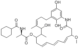 structure of CAS# 82189-04-6, Mycotrienin II;(2R)-2-[(Cyclohexyl-Oxomethyl)Amino]Propanoic Acid [(4E,6R,7S,8S,10E,12E,14E,16R)-6,22,24-Trihydroxy-16-Methoxy-5,7-Dimethyl-18-Oxo-19-Azabicyclo[18.3.1]Tetracosa-1(23),4,10,12,14,20(24),21-Heptaen-8-Yl] Ester;(2R)-2-(Cyclohexanecarbonylamino)Propionic Acid [(4E,6R,7S,8S,10E,12E,14E,16R)-6,22,24-Trihydroxy-18-Keto-16-Methoxy-5,7-Dimethyl-19-Azabicyclo[18.3.1]Tetracosa-1(23),4,10,12,14,20(24),21-Heptaen-8-Yl] Ester;[(4E,6R,7S,8S,10E,12E,14E,16R)-6,22,24-Trihydroxy-16-Methoxy-5,7-Dimethyl-18-Oxo-19-Azabicyclo[18.3.1]Tetracosa-1(23),4,10,12,14,20(24),21-Heptaen-8-Yl] (2R)-2-(Cyclohexylcarbonylamino)Propanoate