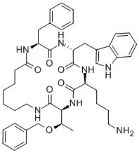 structure of CAS# 84211-54-1, Cyclo(7-Aminoheptanoyl-Phe-D-Trp-Lys-Thr[Bzl]);(3S,6S,9R,12S)-6-(4-Aminobutyl)-12-(Benzyl)-3-[(1R)-1-(Benzyloxy)Ethyl]-9-(1H-Indol-3-Ylmethyl)-1,4,7,10,13-Pentazacycloicosane-2,5,8,11,14-Pentone;7-Cpp;Antagonist Srif-A