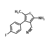 structure of CAS# 884497-33-0, 2-Amino-4-(4-fluorophenyl)-5-methyl-3-thiophenecarbonitrile;3-THIOPHENECARBONITRILE,2-AMINO-4-(4-FLUOROPHENYL)-5-METHYL-;MFCD02854894