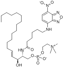 structure of CAS# 94885-04-8, N-(N-(7-Nitro-2,1,3-benzoxadiazol-4-yl)-epsilon-aminohexanoyl)sphingosylphosphorylcholine;[(E,2S,3R)-3-Hydroxy-2-[6-[(4-Nitro-2,1,3-Benzoxadiazol-7-Yl)Amino]Hexanoylamino]Octadec-4-Enyl] 2-Trimethylammonioethyl Phosphate;[(E,2S,3R)-3-Hydroxy-2-[[6-[(4-Nitro-2,1,3-Benzoxadiazol-7-Yl)Amino]-1-Oxohexyl]Amino]Octadec-4-Enyl] 2-Trimethylammonioethy