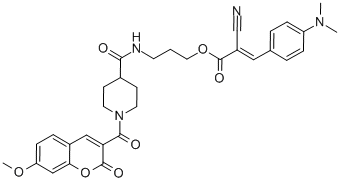 structure of CAS# 958396-69-5, 2-Cyano-3-[4-(Dimethylamino)Phenyl]-2-Propenoic Acid 3-[[[1-[(7-Methoxy-2-Oxo-2H-1-Benzopyran-3-Yl)Carbonyl]-4-Piperidinyl]Carbonyl]Amino]Propylester