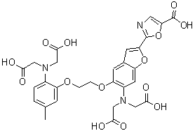 structure of CAS# 96314-98-6, 2-[6-(Bis(carboxymethyl)amino)-5-[2-[2-(bis(carboxymethyl)amino)-5-methyl-phenoxy]ethoxy]-1-benzofuran-2-yl]-1,3-oxazole-5-carboxylic acid;2-[6-(Bis(Carboxymethyl)Amino)-5-[2-[2-(Bis(Carboxymethyl)Amino)-5-Methyl-Phenoxy]Ethoxy]Benzofuran-2-Yl]Oxazole-5-Carboxylic Acid;2-[6-(Bis(Carboxymethyl)Amino)-5-[2-[2-(Bis(Carboxymethyl)Amino)-5-Methylphenoxy]Ethoxy]-2-Benzofuranyl]-5-Oxazolecarboxylic