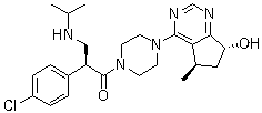 结构式 CAS# 1001264-89-6, GDC-0068; (2S)-2-(4-氯苯基)-1-[4-[(5R,7R)-6,7-二氢-7-羟基-5-甲基-5H-环戊并嘧啶-4-基]-1-哌嗪基]-3-[(1-甲基乙基)氨基]-1-丙酮