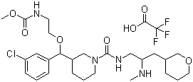 structure of CAS# 1013937-63-7, VTP-27999 2,2,2-trifluoroacetate;N-[2-[(R)-(3-Chlorophenyl)[(3R)-1-[[[(2S)-2-(methylamino)-3-[(3R)-tetrahydro-2H-pyran-3-yl]propyl]amino]carbonyl]-3-piperidinyl]methoxy]ethyl]carbamic acid methyl ester 2,2,2-trifluoroacetate