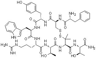 结构式 CAS# 103429-32-9, D-苯丙氨酰-L-半胱氨酰-L-酪氨酰-D-色氨酰-L-精氨酰-L-苏氨酰-3-巯基-L-缬氨酰-L-苏氨酰胺环(2→7)-二硫醚