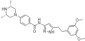 structure of CAS# 1035270-39-3, rel-N-[5-[2-(3,5-Dimethoxyphenyl)ethyl]-1H-pyrazol-3-yl]-4-[(3R,5S)-3,5-dimethyl-1-piperazinyl]benzamide