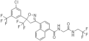 structure of CAS# 1093861-60-9, Afoxolaner;4-[5-[3-Chloro-5-(trifluoromethyl)phenyl]-4,5-dihydro-5-(trifluoromethyl)-3-isoxazolyl]-N-[2-oxo-2-[(2,2,2-trifluoroethyl)amino]ethyl]-1-naphthalenecarboxamide