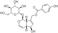 structure of CAS# 11027-63-7, Agnuside;Chasteberry Oil; [(1R,2S,6S,7S)-7-Hydroxy-2-[(2S,3R,4S,5S,6R)-3,4,5-trihydroxy-6-(hydroxymethyl)oxan-2-yl]oxy-3-oxabicyclo[4.3.0]nona-4,8-dien-9-yl]methyl 4-hydroxybenzoate