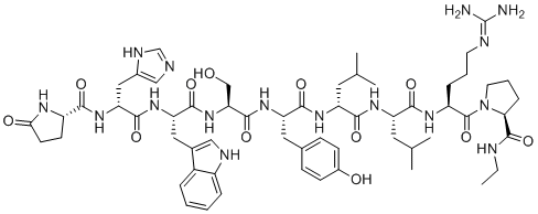 structure of CAS# 112642-11-2, (D-His2)-Leuprolide Trifluoroacetic Acid Salt;(2S)-N-[(2R)-1-[[(2S)-1-[[(2S)-1-[[(2S)-1-[[(2R)-1-[[(2S)-1-[[(2S)-5-(diaminomethylideneamino)-1-[(2S)-2-(ethylcarbamoyl)pyrrolidin-1-yl]-1-oxopentan-2-yl]amino]-4-methyl-1-oxopentan-2-yl]amino]-4-methyl-1-oxopentan-2-yl]amino]-3-(4-hydroxyphenyl)-1-oxopropan-2-yl]amino]-3-hydroxy-1-oxopropan-2-yl]amino]-3-(1H-indol-3-yl)-1-oxopropan-2-yl]amino]-3-(1H-imidazol-5-yl)-1-oxopropan-2-yl]-5-oxopyrrolidine-2-carboxamide