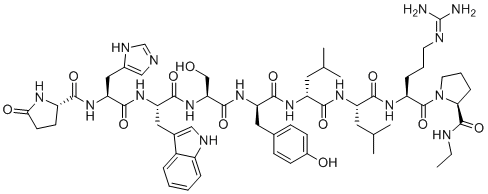 structure of CAS# 112710-57-3, Leuprolide Acetate EP Impurity G;(D-Tyr5)-leuprolide;(2S)-N-[(2S)-1-[[(2S)-1-[[(2S)-1-[[(2R)-1-[[(2R)-1-[[(2S)-1-[[(2S)-5-(diaminomethylideneamino)-1-[(2S)-2-(ethylcarbamoyl)pyrrolidin-1-yl]-1-oxopentan-2-yl]amino]-4-methyl-1-oxopentan-2-yl]amino]-4-methyl-1-oxopentan-2-yl]amino]-3-(4-hydroxyphenyl)-1-oxopropan-2-yl]amino]-3-hydroxy-1-oxopropan-2-yl]amino]-3-(1H-indol-3-yl)-1-oxopropan-2-yl]amino]-3-(1H-imidazol-5-yl)-1-oxopropan-2-yl]-5-oxopyrrolidine-2-carboxamide