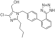 结构式 CAS# 114798-26-4, 洛沙坦; 2-丁基-4-氯-5-(羟甲基)-1-[[2'-(1H-四氮唑-5-)联苯基-4-]甲基]咪唑