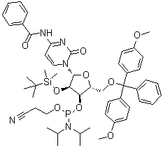 structure of CAS# 118380-84-0, N4-Benzoyl-5'-O-(4,4'-dimethoxytrityl)-2'-O-tert-butyldimethylsilyl)cytidine 3'-O-[O-(2-cyanoethyl)-N,N'-diisopropylphosphoramidite]