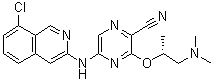 structure of CAS# 1184843-57-9, 5-[(8-Chloro-3-isoquinolinyl)amino]-3-[(1R)-2-(dimethylamino)-1-methylethoxy]-2-pyrazinecarbonitrile;SAR 020106