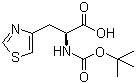 structure of CAS# 119434-75-2, N-tert-Butoxycarbonyl-L-(4-thiazolyl)alanine;(S)-alpha-[[(1,1-Dimethylethoxy)carbonyl]amino]-4-thiazolepropanoic acid; (2S)-2-[(tert-Butoxycarbonyl)amino]-3-(thiazol-4-yl)propionic acid; (S)-2-[(tert-Butoxycarbonyl)amino]-3-(thiazol-4-yl)propanoic acid; (S)-2-[(tert-Butoxycarbonyl)amino]-3-(thiazol-4-yl)propionic acid