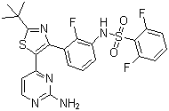 结构式 CAS# 1195765-45-7, Dabrafenib; N-[3-[5-(2-氨基-4-嘧啶基)-2-(叔丁基)-4-噻唑基]-2-氟苯基]-2,6-二氟苯磺酰胺