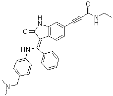structure of CAS# 1207293-36-4, BI 847325;3-[3-[[[4-[(Dimethylamino)methyl]phenyl]amino]phenylmethylene]-2,3-dihydro-2-oxo-1H-indol-6-yl]-N-ethyl-2-propynamide