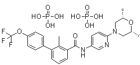 structure of CAS# 1218778-77-8, Sonidegib phosphate;LDE 225 phosphate; rel-N-[6-[(2R,6S)-2,6-Dimethyl-4-morpholinyl]-3-pyridinyl]-2-methyl-4'-(trifluoromethoxy)-[1,1'-biphenyl]-3-carboxamide phosphate (1:2)