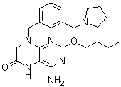 structure of CAS# 1228585-88-3, 4-Amino-2-butoxy-7,8-dihydro-8-[[3-(1-pyrrolidinylmethyl)phenyl]methyl]-6(5H)-pteridinone;GS 9620