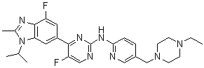 structure of CAS# 1231929-97-7, N-[5-[(4-Ethyl-1-piperazinyl)methyl]-2-pyridinyl]-5-fluoro-4-[4-fluoro-2-methyl-1-(1-methylethyl)-1H-benzimidazol-6-yl]-2-pyrimidinamine