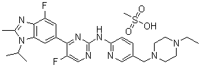 structure of CAS# 1231930-82-7, N-[5-[(4-Ethyl-1-piperazinyl)methyl]-2-pyridinyl]-5-fluoro-4-[4-fluoro-2-methyl-1-(1-methylethyl)-1H-benzimidazol-6-yl]-2-pyrimidinamine methanesulfonate (1:1)
