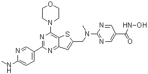 structure of CAS# 1235449-52-1, N-Hydroxy-2-[[[2-[6-(methylamino)pyridin-3-yl]-4-(morpholin-4-yl)thieno[3,2-d]pyrimidin-6-yl]methyl][methyl]amino]pyrimidine-5-carboxamide
