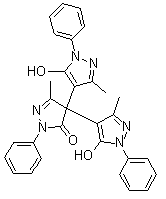 structure of CAS# 124009-63-8, 5,5''-Dihydroxy-3,3',3''-trimethyl-1,1',1''-triphenyl-[4,4':4',4''-ter-1H-pyrazol]-5'(4'H)-one;2,4-Dihydro-4,4-bis(5-hydroxy-3-methyl-1-phenyl-1H-pyrazol-4-yl)-5-methyl-2-phenyl-3H-pyrazol-3-one