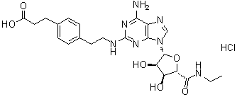 structure of CAS# 124431-80-7, CGS 21680 hydrochloride;4-[2-[[6-Amino-9-(N-ethyl-beta-D-ribofuranuronamidosyl)-9H-purin-2-yl]amino]ethyl]benzenepropanoic acid monohydrochloride