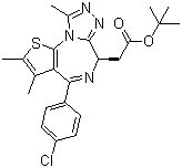 structure of CAS# 1268524-71-5, (-)-JQ-1;(R)-(-)-tert-Butyl 2-(4-(4-chlorophenyl)-2,3,9-trimethyl-6H-thieno[3,2-f][1,2,4]triazolo[4,3-a][1,4]diazepin-6-yl)acetate