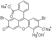 结构式 CAS# 129-16-8, 红汞; 汞溴红; 2,7-二溴-4-羟汞基荧光红双钠盐