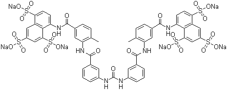 结构式 CAS# 129-46-4, 苏拉明钠; 8,8'-碳酰双亚氨-3,1-亚苯基碳酰亚氨-(4-甲基-3,1-亚苯基)碳酰亚氨双-1,3,5-萘三磺酸六钠