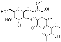structure of CAS# 129025-96-3, 3-(beta-D-Glucopyranosyloxy)-1,7-dihydroxy-2,8-dimethoxy-6-methyl-9,10-anthracenedione;Glucoaurantio-obtusin