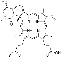 structure of CAS# 129497-78-5, Verteporfin;trans-3,4-Dicarboxy-4,4a-dihydro-4a,8,14,19-tetramethyl-18-vinyl-23H,25H-benzo(b)porphine-9,13-dipropionic acid 3,4,9-trimethyl ester