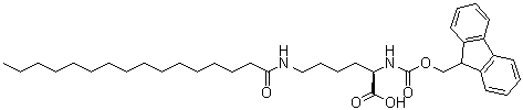 structure of CAS# 1301706-55-7, N2-[(9H-Fluoren-9-ylmethoxy)carbonyl]-N6-(1-oxohexadecyl)-D-lysine