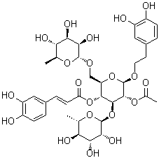 structure of CAS# 133393-81-4, Brandioside;2'-Acetylpoliumoside; 2'-O-Acetylpoliumoside; 2-(3,4-Dihydroxyphenyl)ethyl O-6-deoxy-alpha-L-mannopyranosyl-(1→3)-O-[6-deoxy-alpha-L-mannopyranosyl-(1→6)]-beta-D-glucopyranoside 2-acetate 4-[(2E)-3-(3,4-dihydroxyphenyl)-2-propenoate]