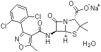 结构式 CAS# 13412-64-1, 双氯西林钠; 双氯青霉素钠; 双氯苯唑青霉素钠; (2S,5R,6R)-3,3-二甲基-6-[5-甲基-3-(2,6-二氯苯基)-4-异噁唑甲酰氨基]-7-氧代-4-硫杂-1-氮杂双环[3.2.0]庚烷-2-甲酸钠