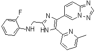 structure of CAS# 1352608-82-2, N-[[4-([1,2,4]Triazolo[1,5-a]pyridin-6-yl)-5-(6-methylpyridin-2-yl)-1H-imidazol-2-yl]methyl]-2-fluoroaniline;N-(2-Fluorophenyl)-5-(6-methyl-2-pyridinyl)-4-[1,2,4]triazolo[1,5-a]pyridin-6-yl-1H-imidazole-2-methanamine; EW 7197